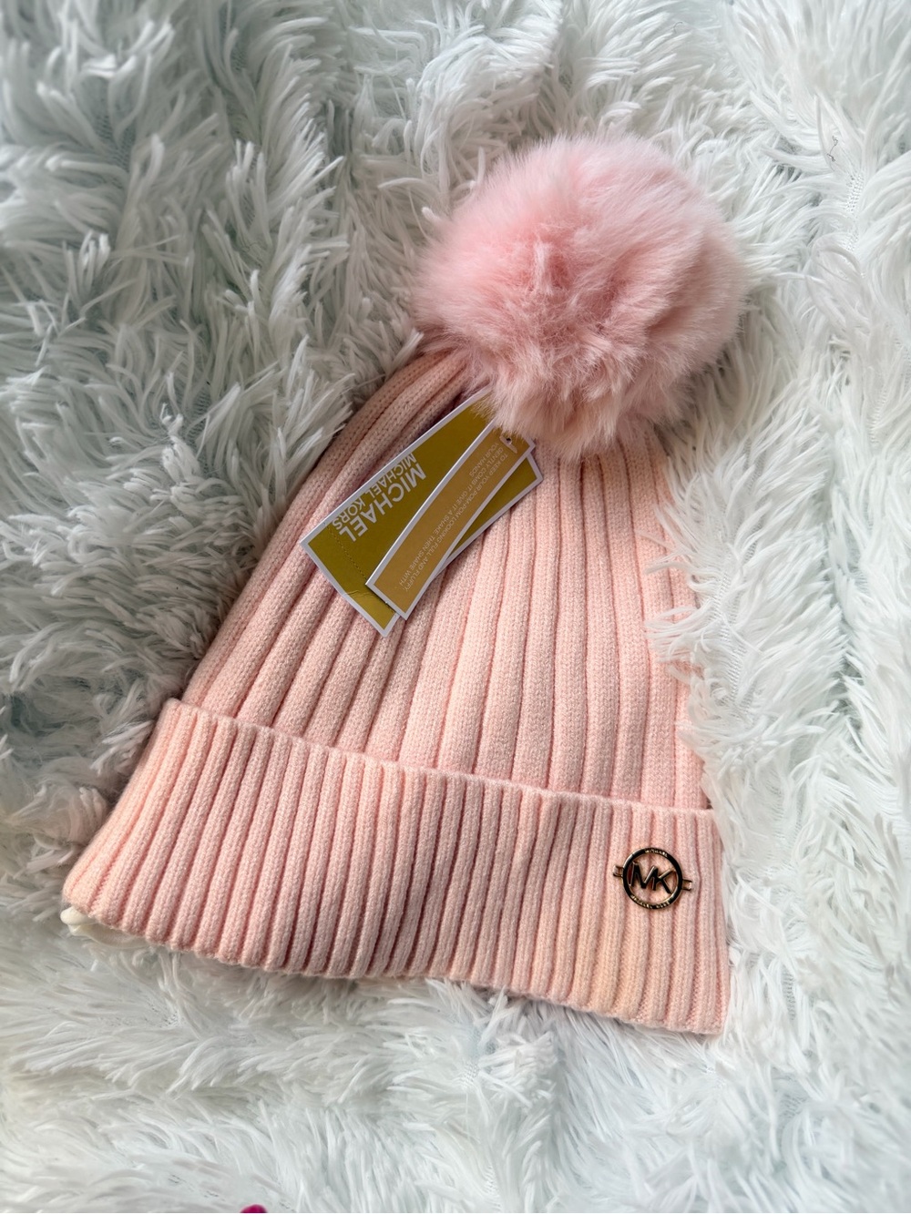 Michael Kors women Blush Pink Ribbed Pom Beanie
